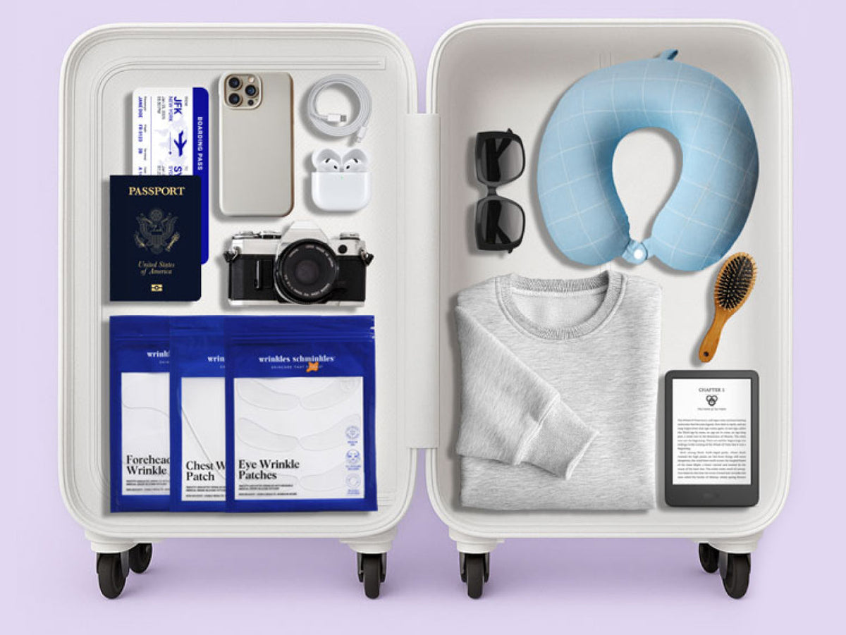 Wrinkles Schminkles blog banner on travel-friendly, liquid-free skincare
