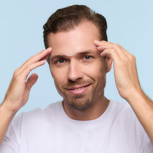 Men's forehead wrinkle patch applied to the forehead, a non-invasive alternative to aesthetic treatments for forehead lines
