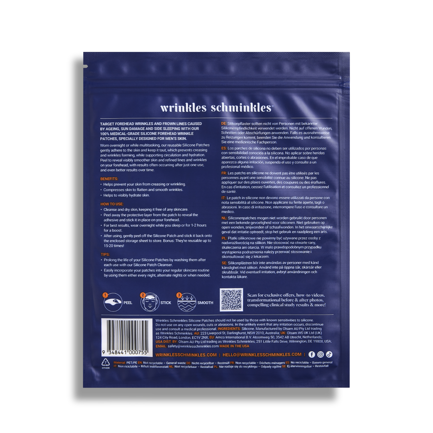 Men's Pro Forehead Wrinkle Patches packaging, back of pack